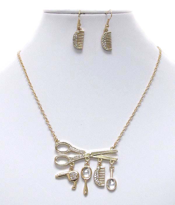 Crystal deco beauty shop theme scissor pendant necklace earring set