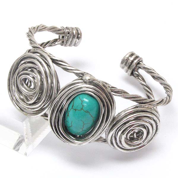 Turquoise center handmade wire art adjustable bangle bracelet