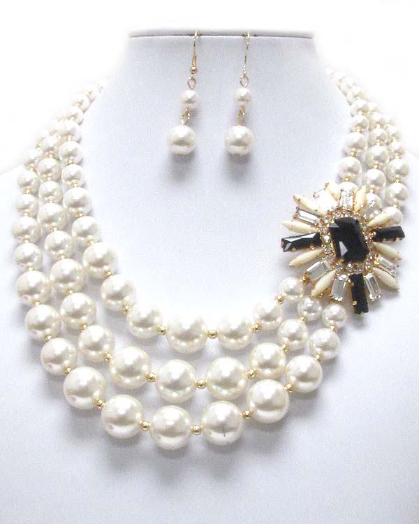 Crystal deco flower and 3 layered pearl chain necklace earring set