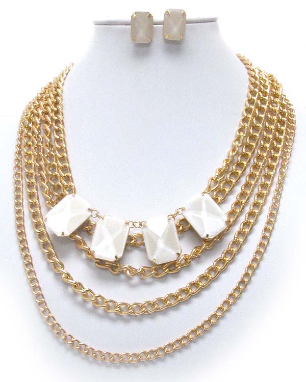 MULTI LAYERED METAL CHAIN AND STONE ACCENT NECKLACE EARRING SET