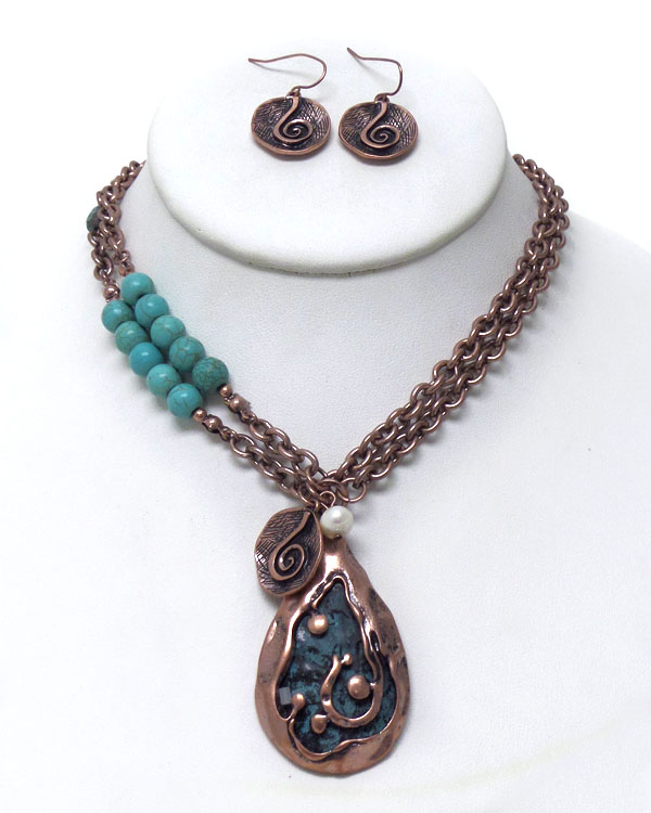 Rustic vintage two layer chain with turquoise stone necklace set