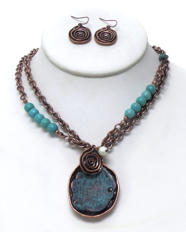 Rustic vintage two layer chain with turquoise stone necklace set