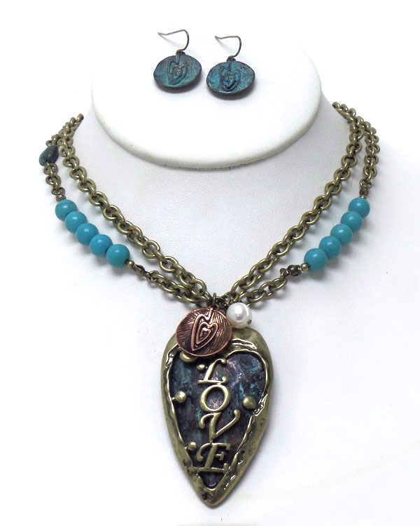 Rustic vintage love theme two layer chain with turquoise stone necklace set
