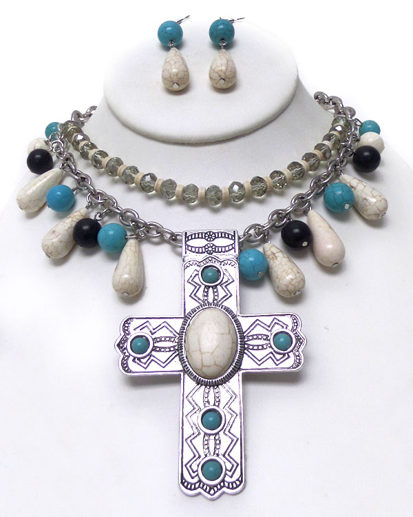 Cross two layer chain with turquoise stone necklace set