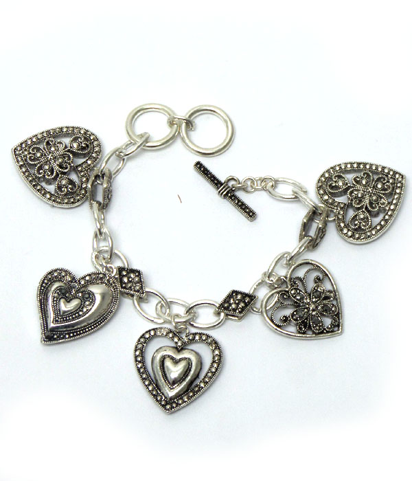 Marcasite multi heart design charm toggle bracelet