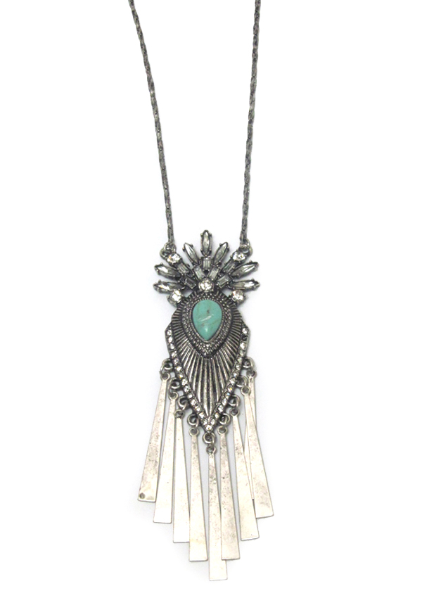 Bohemian style turquoise center and metal bar drop long necklace