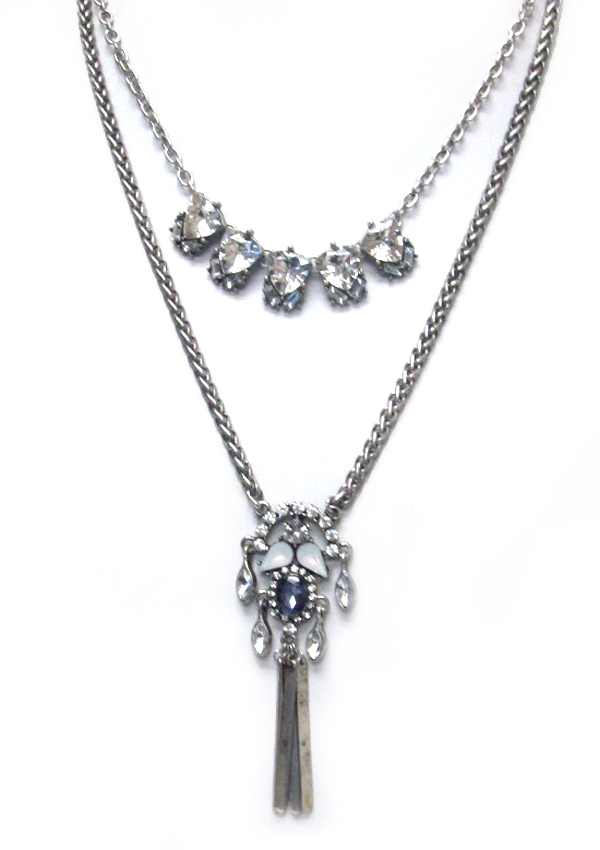 Bohemian style crystal and metal bar drop double layer necklace set