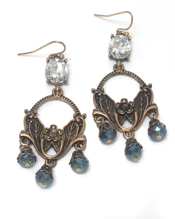 Bohemian style metal leaf textured stone drop earring