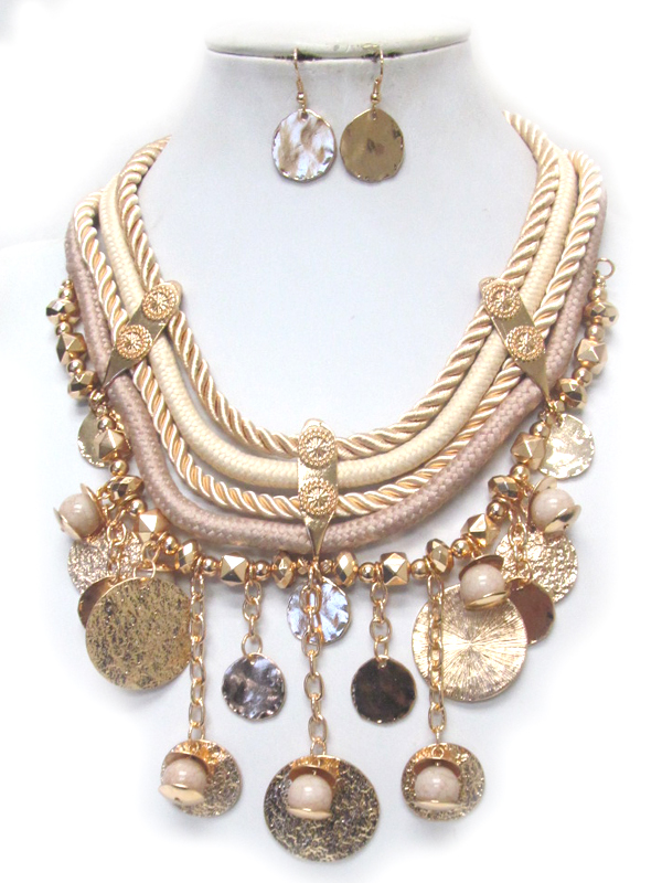 Multi disk drop and rope chain statement necklace set