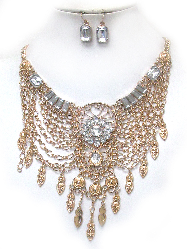 Victorian crystal and multi chain net bib necklace set