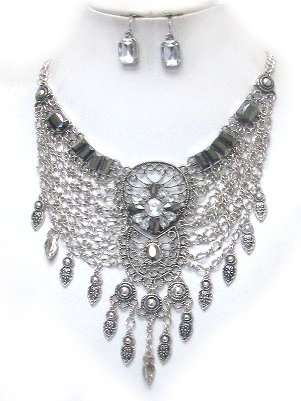 Victorian crystal and multi chain net bib necklace set
