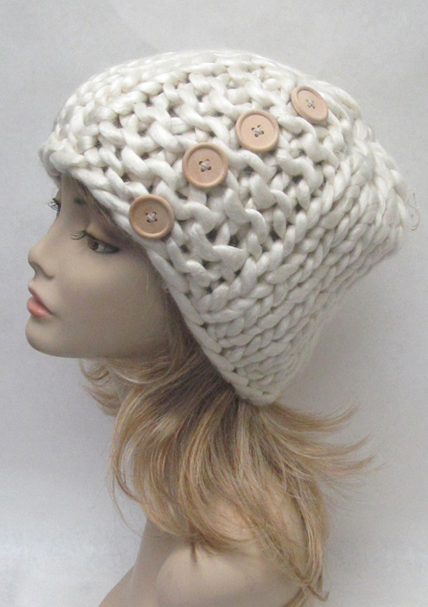 Premium hand knit button accent oversize loopy mango beanie
