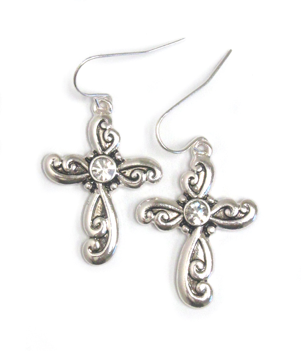 CRYSTAL AND DESIGNER TEXTURED CROSS EARRING
