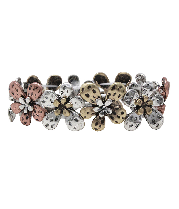 VINTAGE METAL MULTI FLOWER LINK STRETCH BRACELET