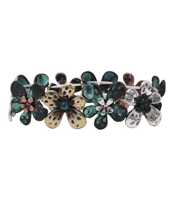 VINTAGE METAL MULTI FLOWER LINK STRETCH BRACELET