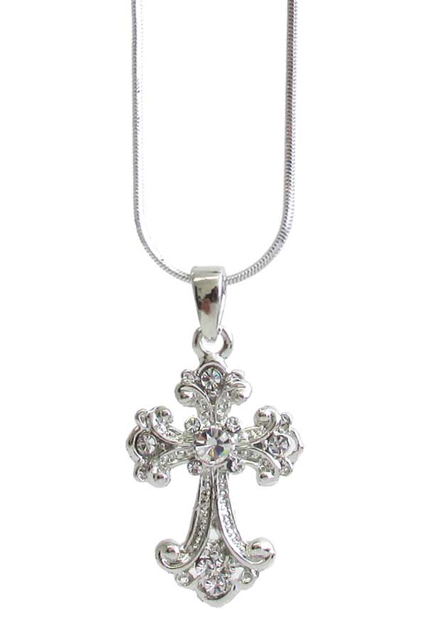 WHITEGOLD PLATING CRYSTAL CROSS PENDANT NECKLACE