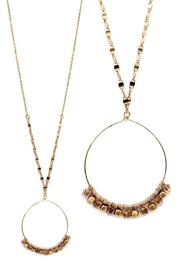 Multi metal seedbead wire hoop pendant long necklace