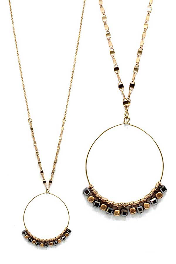 Multi metal seedbead wire hoop pendant long necklace