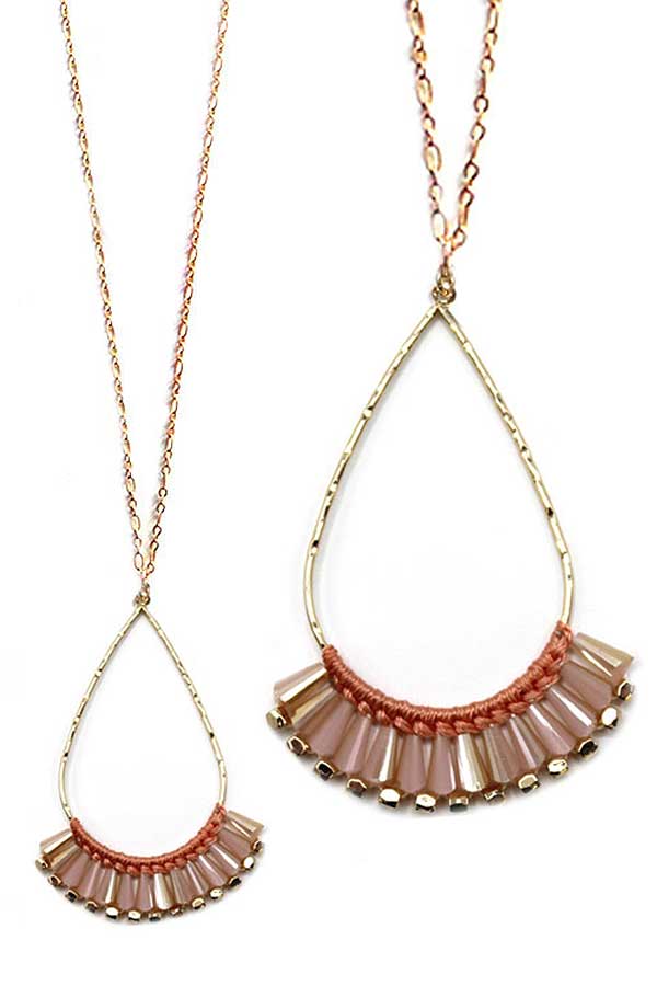 Multi facet stone and wire teardrop pendant long necklace