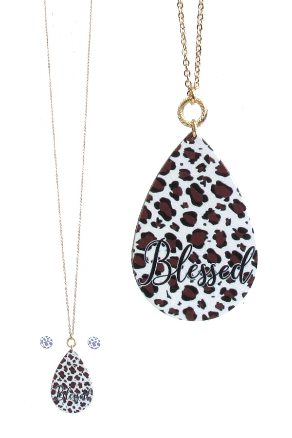 Animal print teardrop pendant long necklace set - blessed