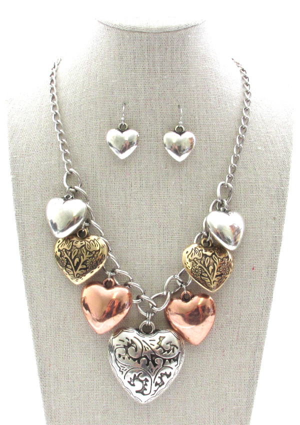 MULTI PUFFY HEART CHARM NECKLACE SET