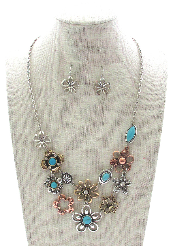Garden theme multi flower charm double layer necklace set