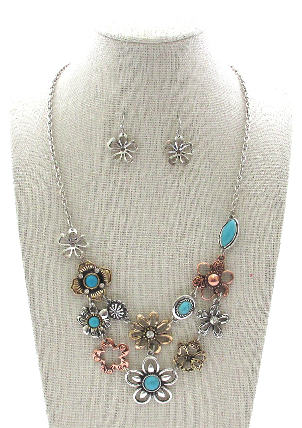 GARDEN THEME MULTI FLOWER CHARM DOUBLE LAYER NECKLACE SET