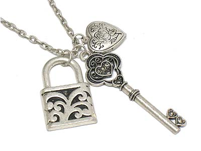 Crystal deco key and lock charm necklace