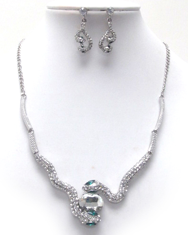 Double crystal snake with center oval glass drop necklace earinng set