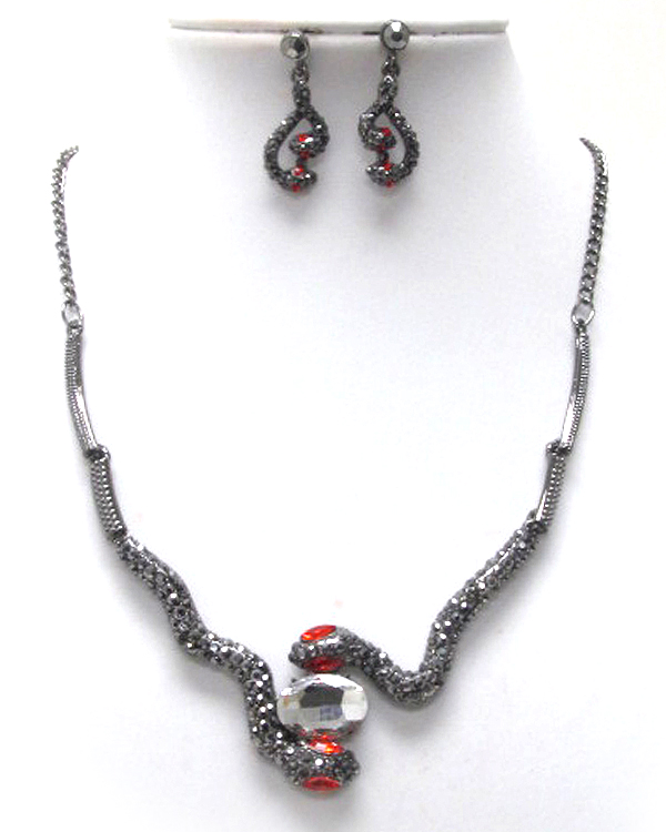 Double crystal snake with center oval glass drop necklace earinng set