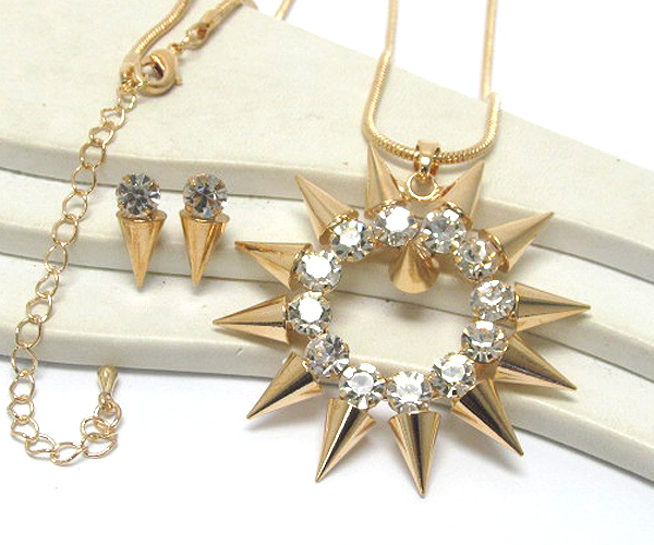 Round metal crystal spikes necklace earring set 