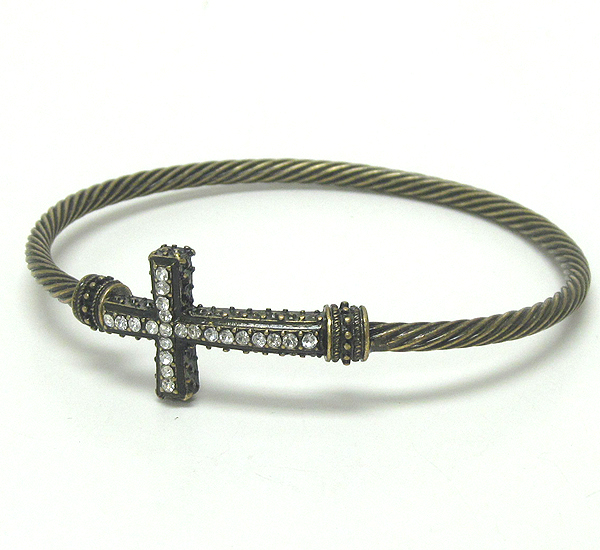 Crystal cross and designer inspired twisted metal cable stretch bracelet