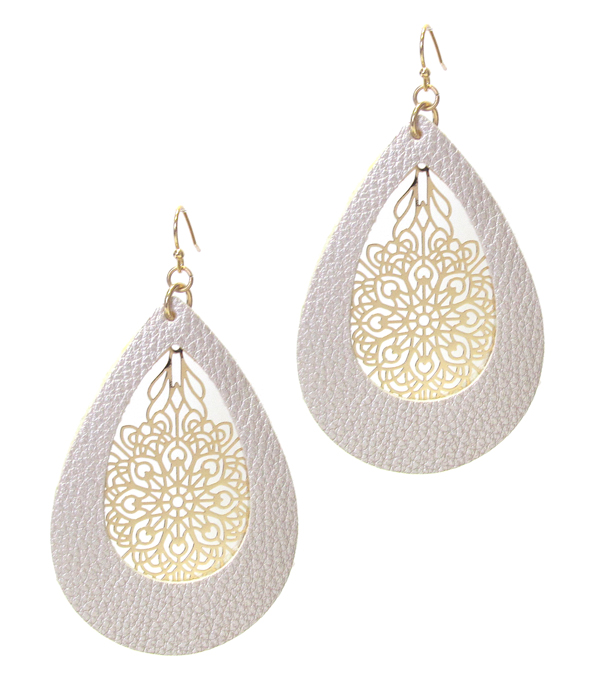 METAL FILIGREE AND LEATHERETTE TEARDROP EARRING