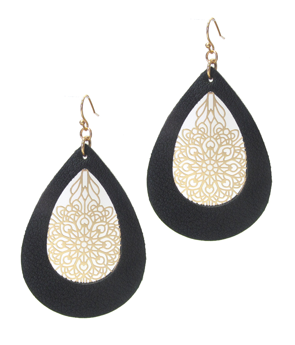 Metal filigree and leatherette teardrop earring