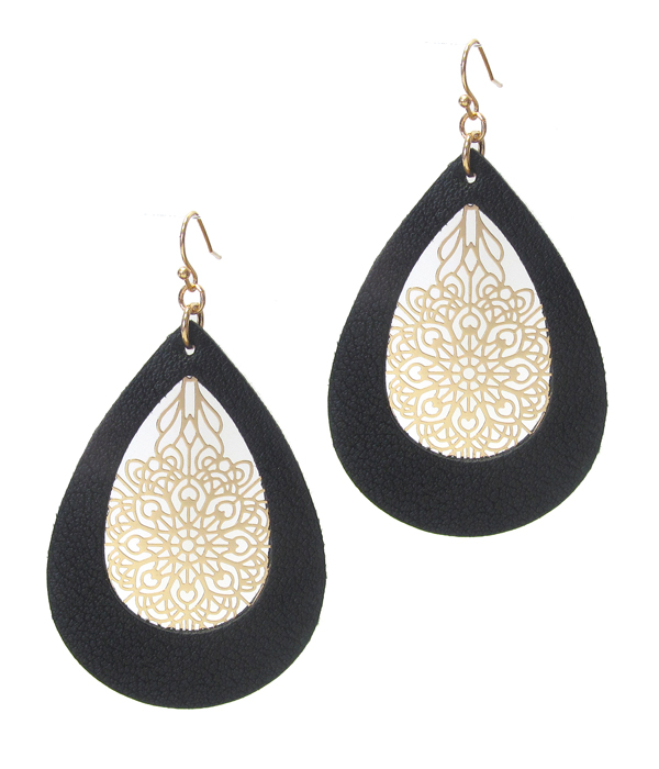 METAL FILIGREE AND LEATHERETTE TEARDROP EARRING