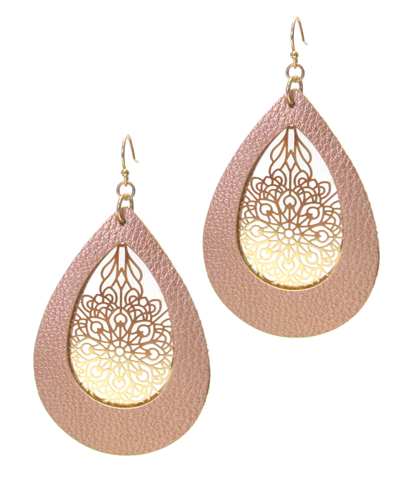 METAL FILIGREE AND LEATHERETTE TEARDROP EARRING