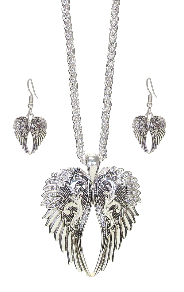 Crystal angel wing pendant necklace set