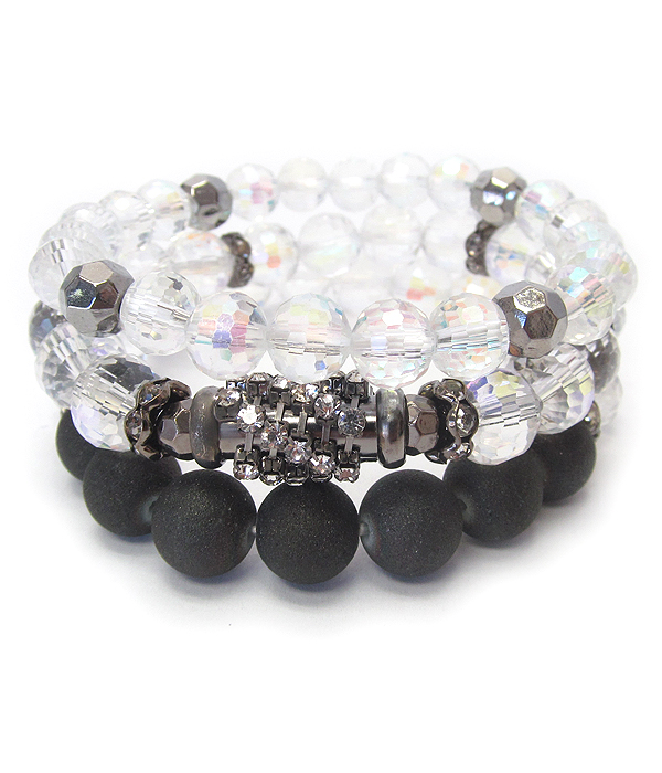 Facet and smoky stone mix 3 piece stretch bracelet set