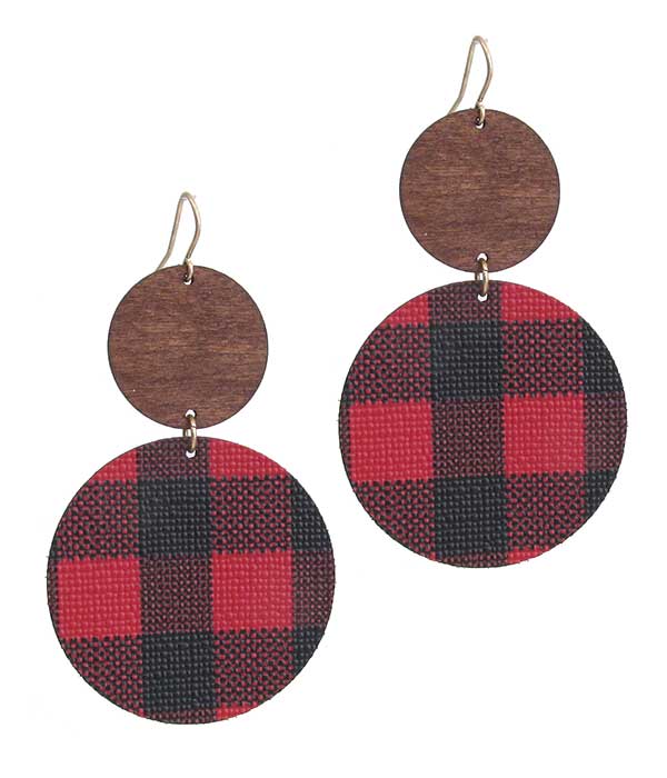 Plaid leatherette and wood disc link drop earring