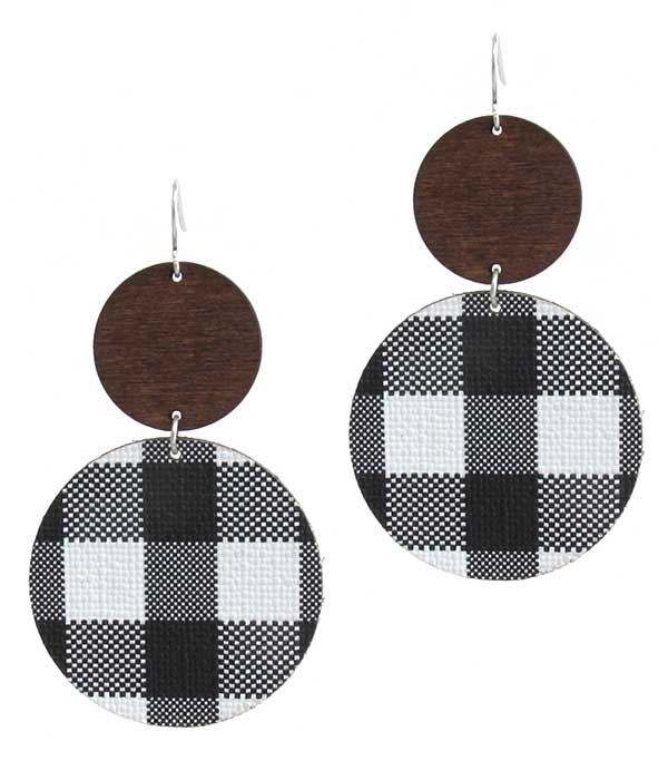 PLAID LEATHERETTE AND WOOD DISC LINK DROP EARRING