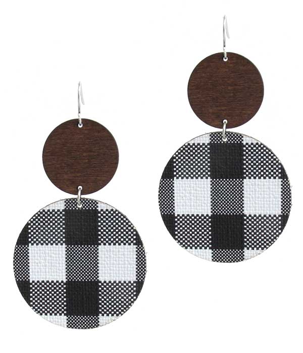 Plaid leatherette and wood disc link drop earring
