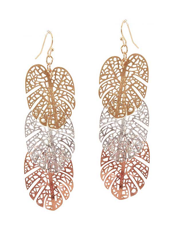Metal filigree triple monstear leaf drop earring