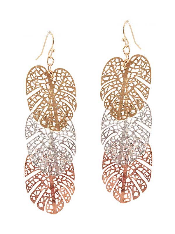 METAL FILIGREE TRIPLE MONSTEAR LEAF DROP EARRING