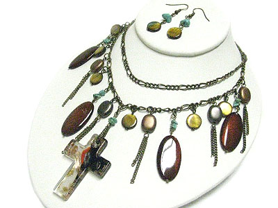 Multi color sea shell disk drop double strand necklace set