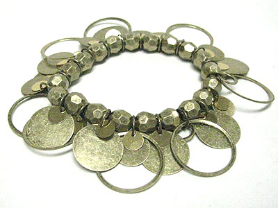Multi metal disk and hoop dangle stretch bracelet