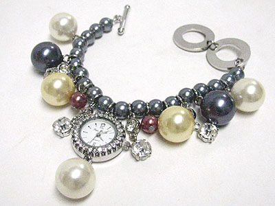 Crystal and pearl ball drop crystal round face dangle watch