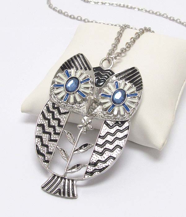 Crystal and epoxy deco large owl pendant long necklace