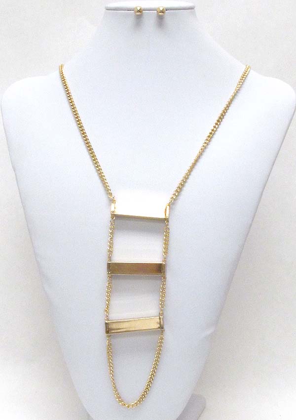 TRIPLE METAL BAR AND CHAIN LINK DROP NECKLACE EARRING SET