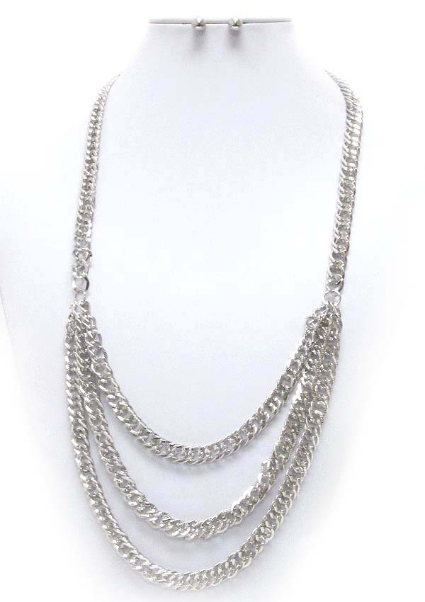 Three layered metal chain necklace earring set