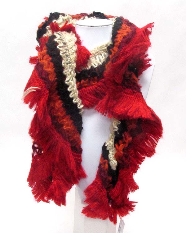 Ruffle and fringe mix and twist scarf